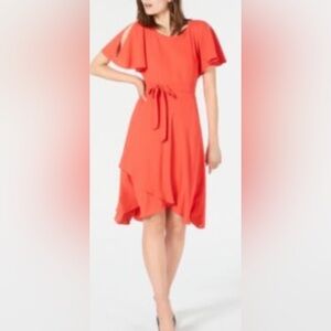 Anne Klein Sz 14 Red Flutter Sleeve Side Zipper Faux Wrap Dress w/Matching Belt